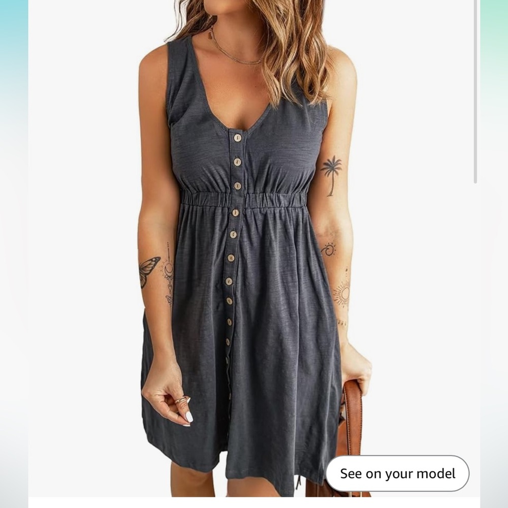 Women’s Summer Casual Sleeveless Button Down Elastic Waist Swing Dress XL